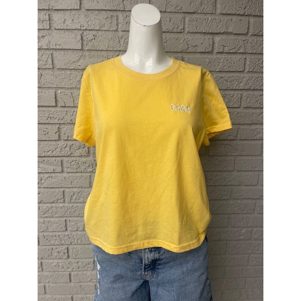 Riley & James Women Yellow Good Vibes Short Sleeve T-Shirt Size L